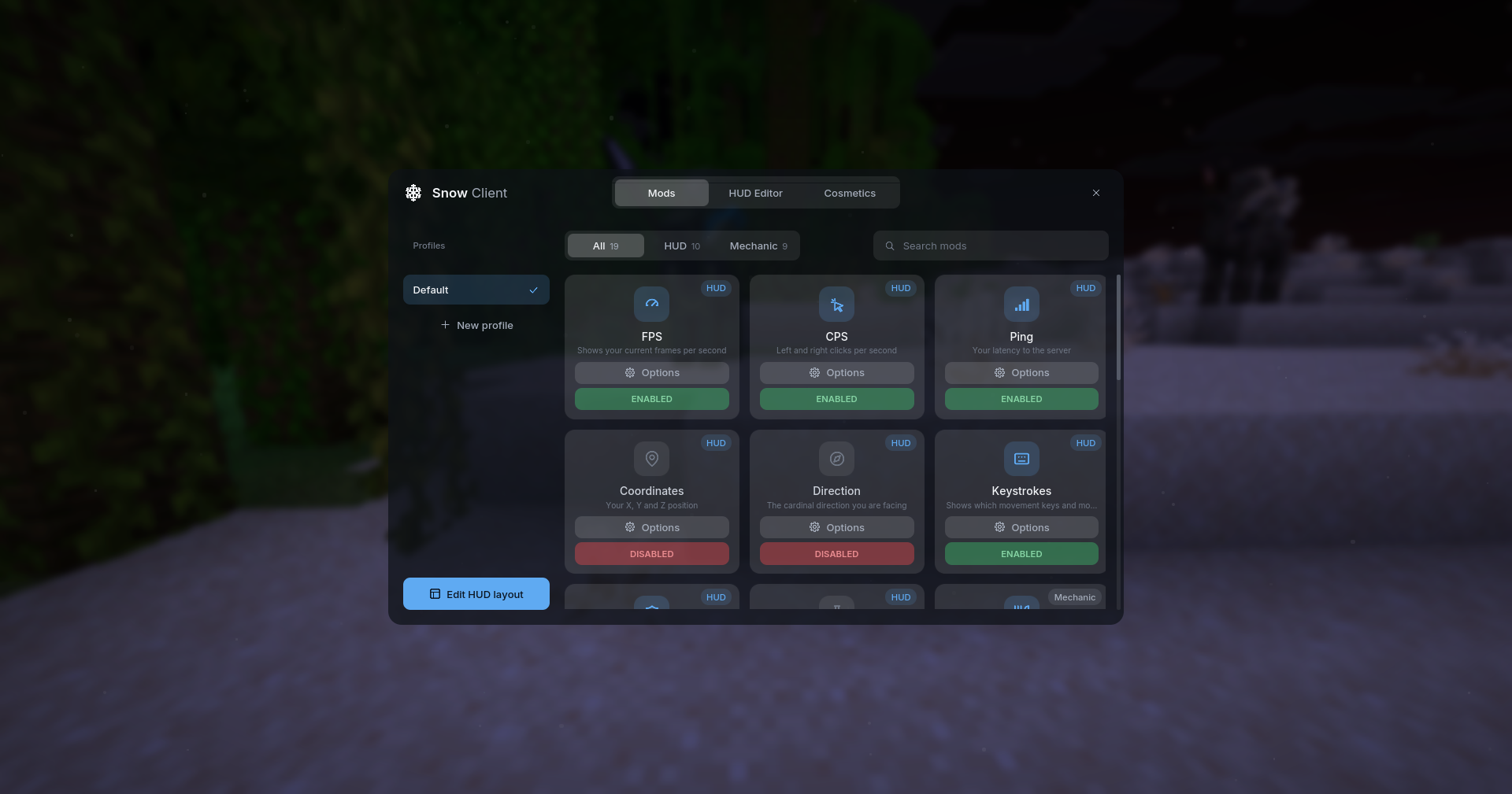 Snow Client HUD Editor showing enabled FPS, CPS, Ping, and keybind controls