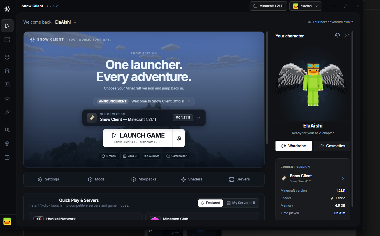 Snow Client launcher showing the Snow Edition home screen and player character preview